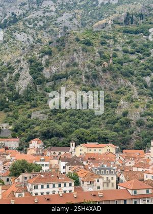 Kotor, Montenegro - 2. Juli 2024: Kirche unserer Lieben Frau von Remedy auf dem hohen grauen Berghang über der historischen Altstadt. Befestigte Mauer und Pfad bedeuten Stockfoto