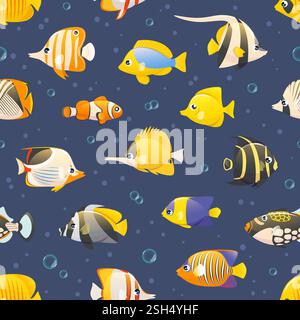 Exotisches Fischmuster. Farbenfrohe Bewohner des tropischen Ozeans, Goldfische mit Meeresmuster, wiederholte Aquarienwelt. Dekor aus Textil, Umhüllung Stock Vektor