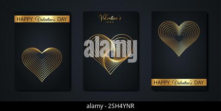 Valentinstag-Set-Karte. Goldenes Drahtmodell-Herz-Symbol. Minimalistisches Weihnachtsposter auf schwarzem Hintergrund. Goldenes Luxuskonzept für Banner, Flyer, Party Stock Vektor