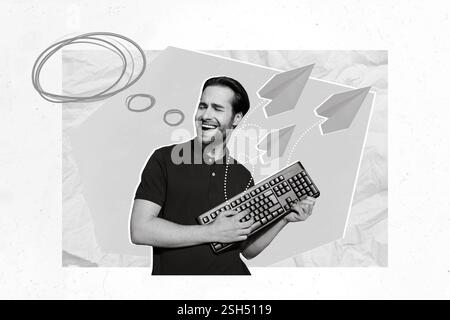 Kreative Collage-Foto-Illustration des unbeschwerten freudigen positiven Mannes, der Keyboard spielt imaginäre Gitarre isoliert auf weißem Farbhintergrund Stockfoto