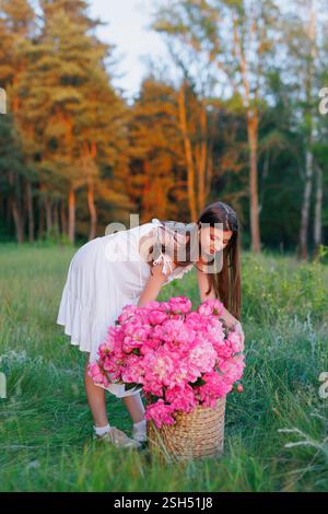 Eine junge Frau in einem weißen Kleid sammelt leuchtende rosa Pfingstrosen in einem Korb auf einer sonnigen Wiese, umgeben von üppigem Grün und Bäumen zur goldenen Stunde Stockfoto