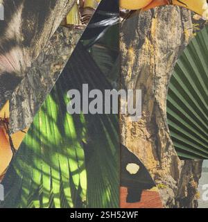 Abstrakte bunte Papier-Collage-Illustration mit verschiedenen tropischen Naturelementen. Retro-Vintage-STYLE. Effekt „Körnung“ und „Schmirgeln“ angewendet Stockfoto