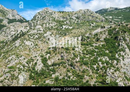 Kotor, Montenegro - 2. Juli 2024: Kirche unserer Lieben Frau von Remedy auf dem hohen grauen Berghang über der historischen Altstadt. Befestigte Mauer und Pfad bedeuten Stockfoto