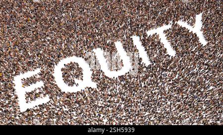 Konzept oder konzeptionelle große Gemeinschaft von Menschen, die das Wort "GLEICHHEIT" bilden. 3D eine Metapher für Gleichberechtigung, Gerechtigkeit, Toleranz und Solidarität Stockfoto