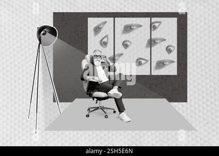 Kreatives Foto 3D Collage Kunstwerke Poster Postkarte eines erfolgreichen Rentners, der in einem modernen Büro sitzt viele Augen isoliert auf Malhintergrund Stockfoto