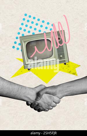 Template Collage Design Trend Artwork 3D Skizze von zwei Hand Hand Hand Hand Hand Hand Hand Hand Erfolg Zusammenarbeit Fernsehen Vintage Propaganda Stockfoto