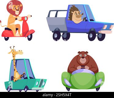 Tierfahrer. Niedliche Zoofiguren, die Autos fahren oder verschiedene urbane Fahrzeuge exakter Vektor lustige Tiere im Cartoon-Stil Stock Vektor