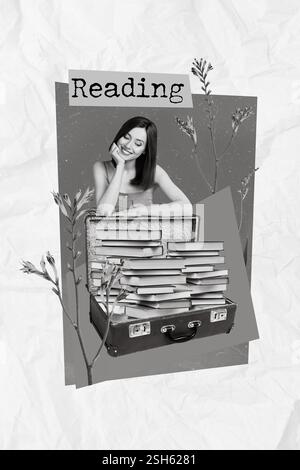 Kreatives Foto 3D Collage Kunstwerk Poster Postkarte der schönen cleveren Dame gehen Schlafsaal studieren Zeit isoliert auf Malerei Hintergrund Stockfoto