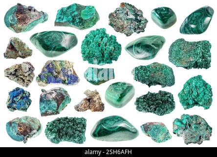 Verschiedene Exemplare von ungeschnittenen Malachitgesteinen auf weißem Hintergrund Stockfoto