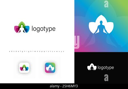 Yoga-Meditation-Logo mit menschlicher Silhouette in Lotusposition, das Gleichgewicht, Achtsamkeit und Harmonie symbolisiert. Perfekt für Wellness, Spa, ganzheitlich Stock Vektor