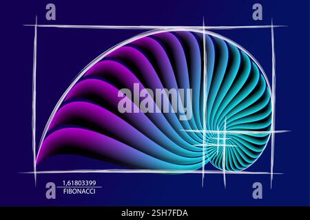 Fibonacci Sequence Golden Ratio, geometrische Formen spiralförmig. Bunte Schneckenspirale. Die Muschel aus weißen Kreisen. Logovorlage für heilige Geometrie. Vektor Stock Vektor