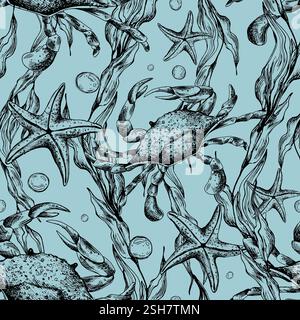Unterwasserwelt Clipart mit Meerestieren Wal, Schildkröte, Kraken, Seestern, Seesternen, Muscheln, Korallen und Algen. Handgezeichnete grafische Abbildung Stock Vektor