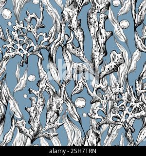 Unterwasserwelt Clipart mit Meerestieren, Blasen, Korallen und Algen. Grafische Abbildung, handgezeichnet mit schwarzer Tinte. Nahtloser Muster-EPS-Vektor auf einem Stock Vektor