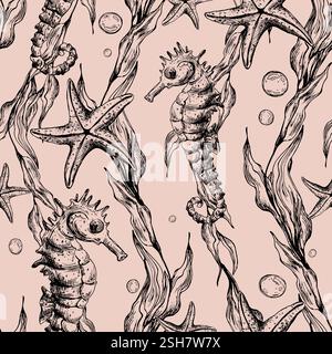 Unterwasserwelt Clipart mit Meerestieren Seepferdchen, Seesternen, Blasen und Algen. Grafische Abbildung, handgezeichnet mit schwarzer Tinte. Nahtloses Muster EPS Stock Vektor