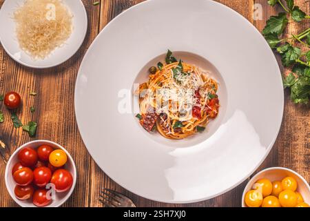Spaghetti- oder Puttanesca-Pasta nach traditionellem italienischem Rezept mit Sardellen, Oliven, Kapern auf einer weißen Platte auf einem hölzernen Hintergrund mit in Stockfoto