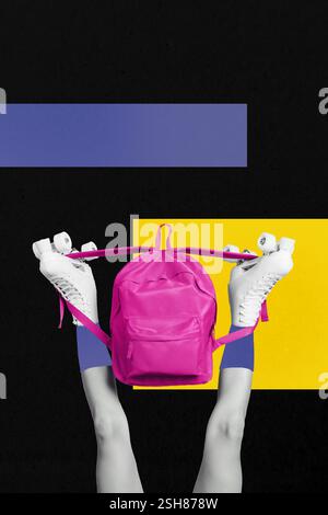 Skizze Bild Trend Artwork Montage 3D Foto Collage anonymer Beine tragen Rollschuhe Modell Posing halten Rucksack Schule Universität Stockfoto