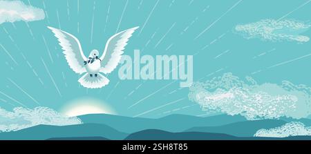 Fliegende Taube Heiliger Geist Hand gezeichnete Vektor-Illustration. Karwoche, Pfingsten, Sonntagskonzept der Dreifaltigkeit. Taube mit Olivenzweig Sakramentsymbol Stock Vektor