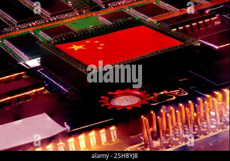 China-Flagge auf einem Verarbeiter. Konzept für den Kampf um die globale Produktion von Mikrochips zwischen China, Taiwan, Korea und den USA. Web-Banner für Bilder. 20 Stockfoto