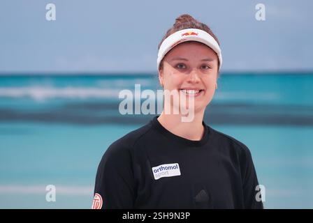 Hamburg, Deutschland. Februar 2025. Beachvolleyball: Media Beach Day mit den deutschen Nationalmannschaften im Beach Center Svenja Müller (ETV Hamburg) Credit: Marcus Brandt/dpa/Alamy Live News Stockfoto