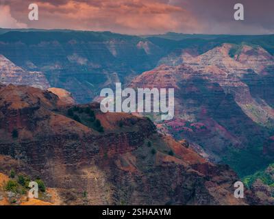 Blick aus der Vogelperspektive auf den Waimea Canyon mit den zerklüfteten, bunten Klippen Stockfoto
