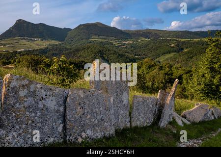 Zaun aus Trockenmauern und Stacheldraht, der zur Begrenzung von Weide- und Kulturfeldern im Regionalen Naturpark des Lessinia-Plateaus, Italien, verwendet wird Stockfoto