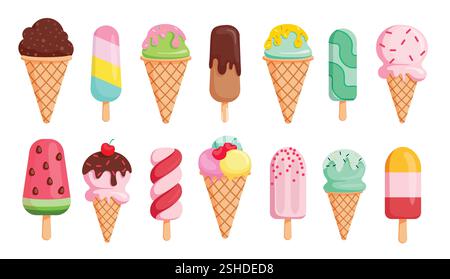 Eiscreme buntes Zeichnen Clipart Set. Eisstock und Eiskegel Clip Art mit süßen Geschmack Elementen Vektor Illustration Sommer Dessert flach Stock Vektor