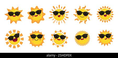 Clipart-Set für Sonnenbrillen mit Sonnenschutz. Gelbe Sonnenzeichner tragen Sonnenbrille Clip Art Sammlung in coolem und glücklichem Gesichtsausdruck Vektor Stock Vektor