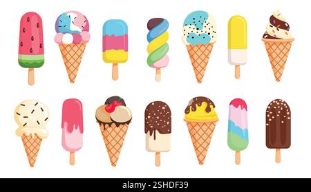 Eiscreme buntes Zeichnen Clipart Set. Eis-Symbol und Eis-Symbol Clip Art in Zeichentrick Sommer Grafik Elemente Sammlung Vektor Illustration. Stock Vektor