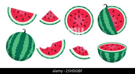Wassermelone Sommerfrucht Clipart Set. Tropische Frucht Wassermelone Zeichnung im Ganzen, Schnitt und Schnitt Elemente ClipArt Sammlung Vektor Illustration. Stock Vektor