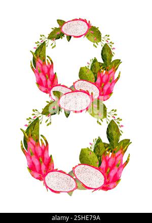 Ein atemberaubendes und wunderschönes Blumenarrangement, in dem Drachenfrucht die Zahl acht hervorhebt. Isolierte Aquarellgrafik auf weißem Hintergrund zum Entwerfen von Postkarten, Souvenirs und vielem mehr. Stockfoto