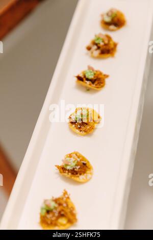 Köstliche kleine Snacks, die elegant auf einem stilvollen Teller präsentiert werden und feine Speisen in einem modernen Lokal präsentieren. Stockfoto