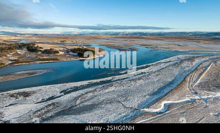 Aus der Vogelperspektive auf den Hvitá (Weißer Fluss) bei Laugarás, Island Stockfoto