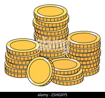 Eine Illustration im Zeichentrickstil mit mehreren Stapeln von Goldmünzen, die finanziellen Wohlstand, Vermögensakkumulation und wirtschaftlichen Erfolg symbolisieren. Stock Vektor