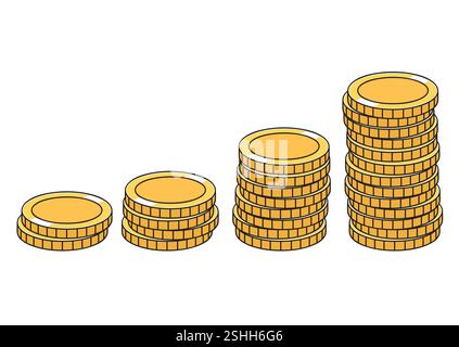 Eine einfache, aber effektive Illustration im Cartoon-Stil von Stapeln von Goldmünzen, die in aufsteigender Reihenfolge angeordnet sind und Finanzwachstum, Investitionen und W Stock Vektor