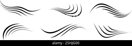 Bewegungslinie des fließenden Windes. Air Wave Shape Kollektion. Blowing Hurrikan, Brise oder Sturmlinien Konzept. Schwarze Wirbel, Kurven und Spiralen bündeln sich. Vektorluftbewegung und Böen-Symbol-Paket Stock Vektor