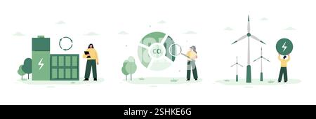 Illustrationsset für Nachhaltigkeit und Ökologie. Windenergieerzeuger. ECO-Kraftwerk. Fabrik zur Stromerzeugung für die Industrie. Vektor in der Ebene Stock Vektor