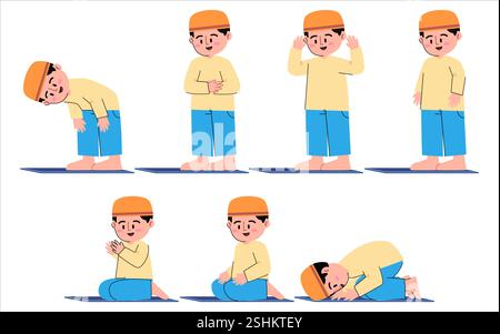 Salat Pose Bewegung salah Gebetsanweisung muslimischer Junge männliches Kind betend Islam Verpflichtung muslimische Person glaube glaube Sujud stehende sitzende Position Stock Vektor