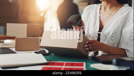 Hände, Frau und Scanner mit Karton für die Verteilung von Bestellungen, Rechnungen und Versandinformationen. Person, Maschine und Barcode mit E-Commerce-Bestand für Stockfoto