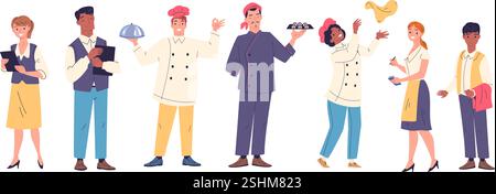 Mitarbeiter im Restaurant. Mann Frau in Catering Service Uniform, Café Beschäftigung Küche Crew Job Team Chef Koch Kellnerin Kellner Manager Administrator, klassische Vektor Illustration Original Kunstwerk Stock Vektor