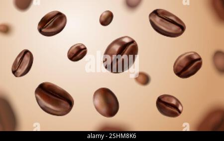 Herabfallende Kaffeebohnen. Realistische geröstete Bohne, fliegende Mahlkorn Koffeinsamen arabischer Espresso Zutat Café Lebensmittelgeschäft Ad abstrakter Hintergrund, exakte Makrovektor Illustration Originalkunstwerk Stock Vektor
