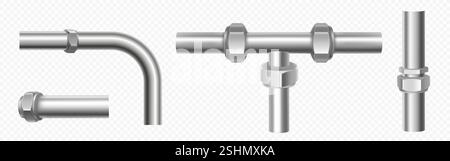 Stahlrohre isoliert auf transparentem Hintergrund. Vektor-realistische Illustration von 3D-Metallrohrbogen und -Verbindungen, Gas- oder Wasserversorgungssystem, Sanitär-Schlauch, glänzende Chromrohrverbindungen Stock Vektor