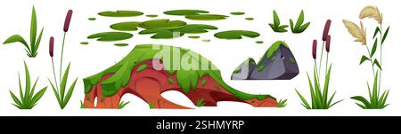 Feuchtgras und Moosstein isoliert auf weißem Hintergrund. Vektor-Karikaturillustration von Waldsumpf, Sumpf oder Teich Design Elemente, grüne Wasser Pflanze Blätter, Rasen auf Stück Land, hohe Rush Stock Vektor