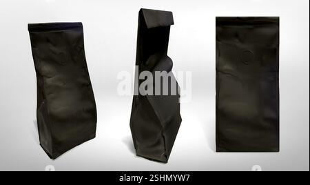 Papierkaffeesackenmockup aus schwarzen Faltenbeuteln – minimalistische Behälter aus verschiedenen Winkeln mit gefalteten Oberteilen und geprägten Luftelementen. Hochwertiges Verpackungsdesign für Luxusbohnen. Stock Vektor