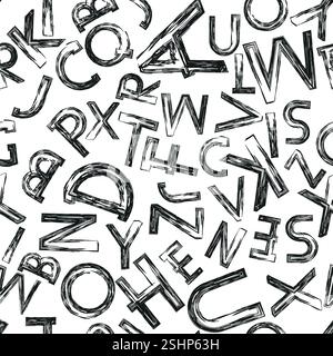 Grafisches schwarzes Muster mit Buchstaben auf weißem Hintergrund. Nahtlose Vektordarstellung. Stock Vektor