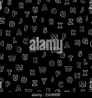 Nahtloser Hintergrund mit Doodle-Alphabet. Endloses Vektormuster mit weißen Buchstaben auf schwarzem Hintergrund. Stock Vektor