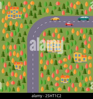 Plan des Dorfes. Landschaft mit Straße, Wald, Autos und Häusern. Vektorabbildung Stock Vektor