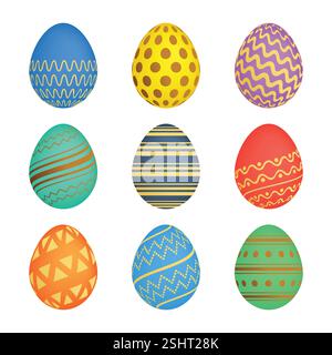 Set aus neun Ostereiern mit unterschiedlicher bunter Textur auf weißem Hintergrund. Vektorabbildung Stock Vektor