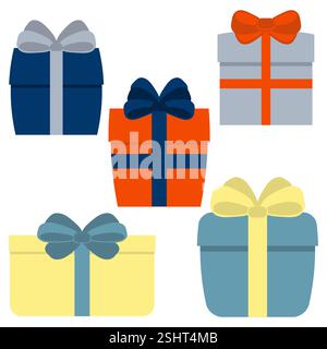 Sammlung von fünf mehrfarbigen Geschenkboxen. Vektorabbildung Stock Vektor