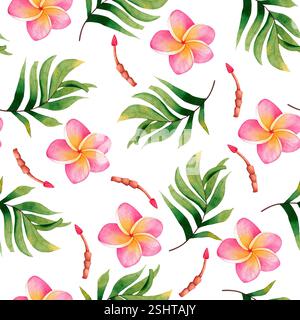 Nahtloses Muster mit tropischen Blättern und Plumeria-Blüten. Handgezeichnete tropische Frangipani auf weißem Hintergrund. Stockfoto