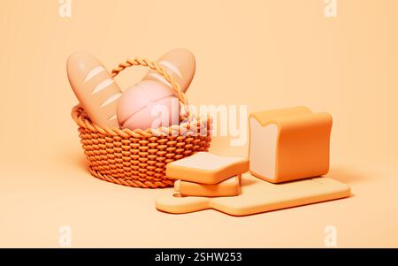 Cartoon-Arten von Broten auf gelbem Hintergrund, 3D-Rendering. 3D-Abbildung. Stockfoto
